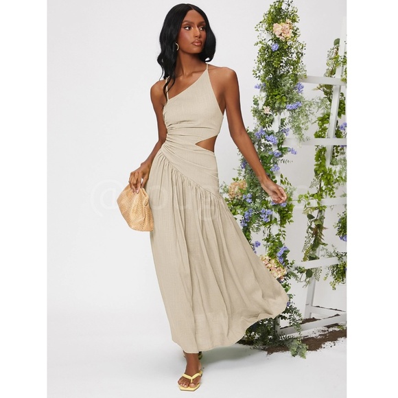 Linen Asymmetrical Beige Dress Cut Out Ruched Maxi Lace Up Back - Picture 5 of 8